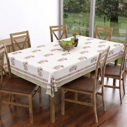 BLOCKS OF INDIA White & Pink Block Print Pure Cotton Rectangular 6 Seater Table Cover-11