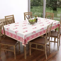 BLOCKS OF INDIA White & Pink Ethnic Motifs Pure Cotton Rectangular 6-Seater Table Cover-44