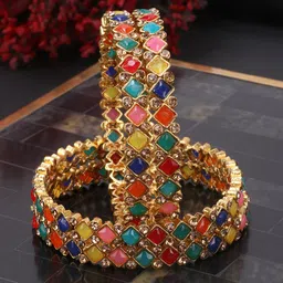 JEWELS GEHNA Set Of 4 Gold-Plated Multi-Coloured Stone-Studded Handcrafted Bangles-image-65