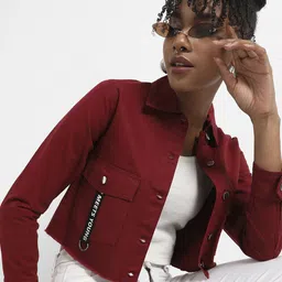 Campus Sutra Windcheater Spread Collar Cotton Crop Denim Jacket-image-36