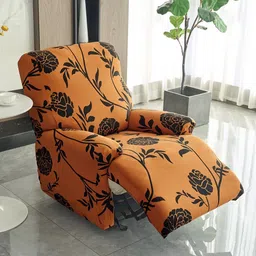HOKIPO Brown & Black 1 Seater Floral Printed Stretchable Recliner Sofa Cover With Arms-image-63
