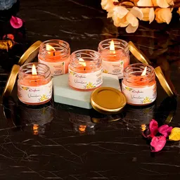 eCraftIndia Set Of 5 Peach & Transparent Strawberry Scented Jar Candle with Lid-55