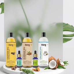 Rey Naturals Set of 5 Castor Coconut Almond Rosemary & Teatree Oil Hair Care Kit-6