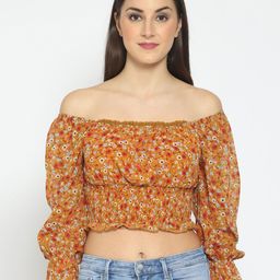 PRETTY LOVING THING Mustard Yellow Floral Print Off-Shoulder Chiffon Bardot Crop Top-picture-18