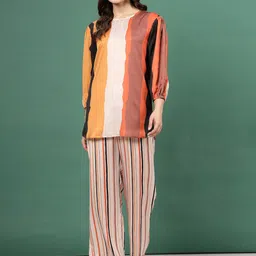Clora Creation Striped Colorblocked Puffed Sleeves Tunic & Trousers Co-Ords-image-11