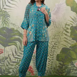 Vishudh Turquoise Blue Ethnic Motifs Printed Pure Cotton Top With Trousers & Shrug-picture-33