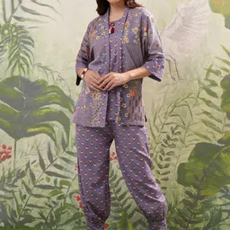Vishudh Purple Ethnic Motifs Printed Round Neck Pure Cotton Top With Trousers & Shrug-picture-0