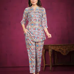 NAINVISH Printed Band Neck Tunic With Trouser Co-Ords-image-1