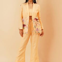 KALPRAAG Balena Embroidered Crop Pure Linen Top With Shawl Collar Jacket & Trousers-10