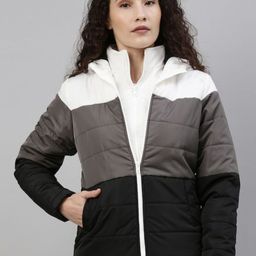 Campus Sutra Grey Colourblocked Hooded Windcheater Padded Jacket-image-23