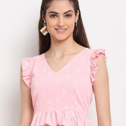 ELEVANTO Pink Floral Printed Regular Crop Top-12