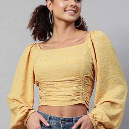 STREET 9 Women Yellow & White Floral Fringed Georgette Regular Crop Top-image-18