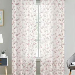 LINENWALAS Happy Sleeping 2 Pcs White & Pink Floral Cotton Sheer Door Curtains-13