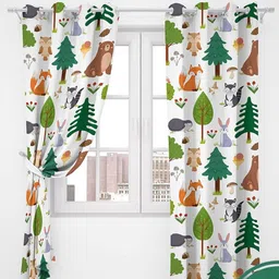 URBAN SPACE White & Green Quirky Black Out Door Curtains-30