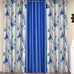 Fashion String Blue & Off White Set of 3 Floral Long Door Curtain-11