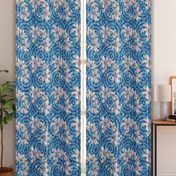 Aura Blue & White 2Pcs Floral Room Darkening Door Curtain-image-72