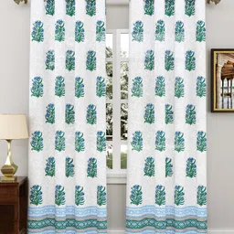 BLOCKS OF INDIA White & Blue Set of 2 Floral Print Pure Cotton Door Curtains-20