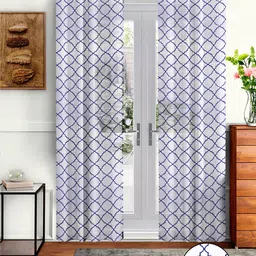 Cortina White & Blue Set of 2 Embroidered Sheer Long Door Curtain-image-73