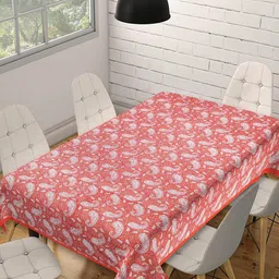 INDHOME LIFE Pink & White Printed Pure Cotton 6 Seater Table Cover-17