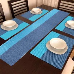 HOKIPO Blue Cotton Ribbed Washable 5 Pieces Table Mats with Runner-29