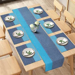 HOKIPO Blue Cotton Ribbed Heat Resistant 7 Pieces Table Mats with Runner-26