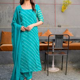 Rangpur Women Green Leheriya Striped Kurta with Salwar & With Dupatta-picture-10