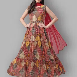 ASPORA Conversational Printed Maxi Fit & Flare Ethnic Dress With Dupatta image 1