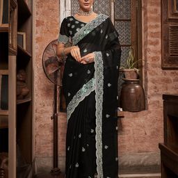 Mitera Black Floral Embroidered Sequinned Pure Chiffon Saree-image-77