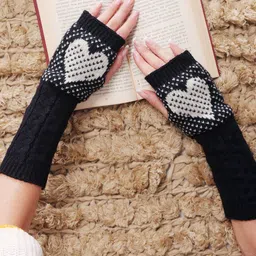 Bharatasya Women Black & White Self-Design Long Mittens Winter Hand Gloves-33