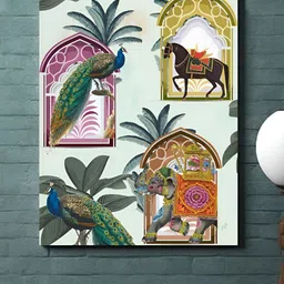 Art Street Green & Yellow Canvas Painting Peacock, Horse & Elephant Wall Art-picture-40