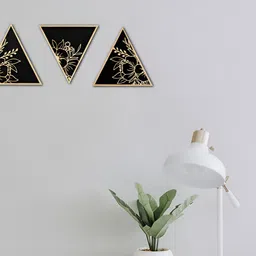 VAH Kya Bat Hai !! Black & Gold Toned 3 Pcs Floral Textured Triangle Wooden Wall Hangings-picture-11