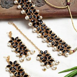 ZENEME Gold-Plated Kundan-Studded & Beaded Jewellery Set With Maang Tika-image-23