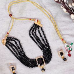 Crunchy Fashion Gold-Plated Black Stone Studded Choker Jewellery Set-image-100