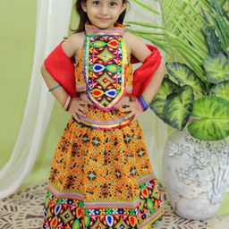 BownBee Girls Embroidered Thread Work Cotton Ready to Wear Lehenga & Blouse With Dupatta-image-28