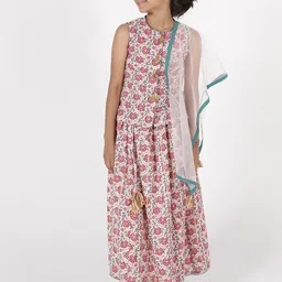 A Little Fable Girls Peach-Coloured & Grey Printed Ready to Wear Lehenga & Blouse With Dupatta-image-40