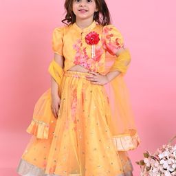 SAKA DESIGNS Girls Yellow & Pink Printed Sequinned Ready to Wear Lehenga & Blouse With Dupatta-image-89