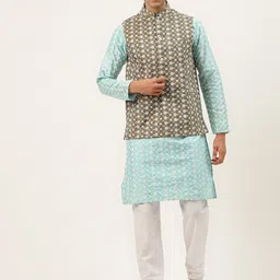 SOJANYA Men Blue Ethnic Motifs Embroidered Thread Work Kurta with Churidar-55