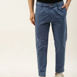 ether Men Blue Pure Cotton Solid Pleated Regular Trousers-image-44