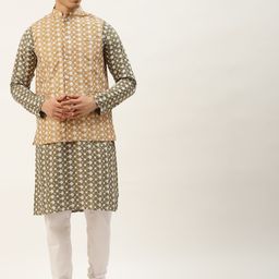 SOJANYA Men Olive Ethnic Motifs Embroidered Thread Work Kurta with Churidar-28