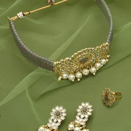 Zaveri Pearls Grey & Gold-Plated Crystals Beaded Multistrand Kundan Choker Jewellery Set-picture-10