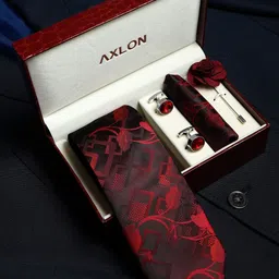 AXLON Men Printed Tie Set With Pocket Square, Cufflink & Flower Pin-42