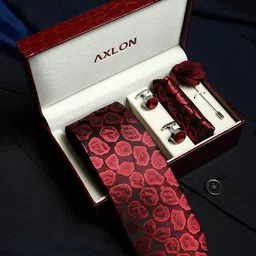 AXLON Set Of 4 Printed Necktie Pocket Square With Cufflink & Flower Pin Accessory Gift Set-14