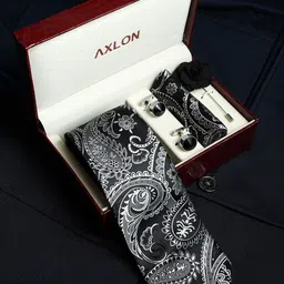 AXLON Set Of 4 Printed Necktie Pocket Square With Cufflink & Flower Pin Accessory Gift Set-6