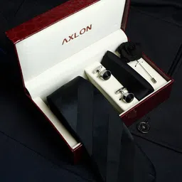 AXLON Set Of 4 Printed Necktie Pocket Square With Cufflink & Flower Pin Accessory Gift Set-13