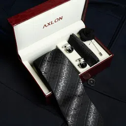 AXLON Set Of 4 Printed Necktie Pocket Square With Cufflink & Flower Pin Accessory Gift Set-4