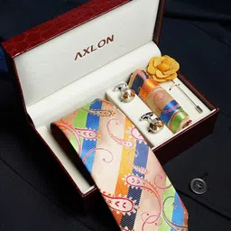 AXLON Men Striped Design Tie Set With Pocket Square-Cufflink & Flower Pin-40