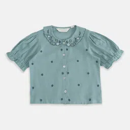 AKKRITI BY PANTALOONS Girls Embroidered Peter Pan Collar Short Puff Sleeve Cotton Top-13