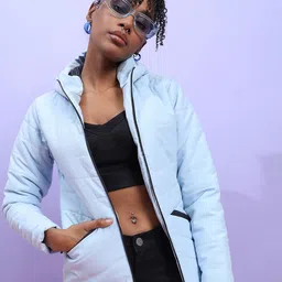 Campus Sutra Blue Hooded Windcheater Bomber Jacket-image-134