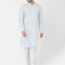 DEYANN Men White Ethnic Motifs Printed Pure Cotton Kurta with Churidar-19