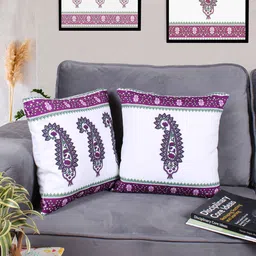 STITCHNEST White & Purple 2 Pieces Ethnic Motifs Square Cushion Covers-53